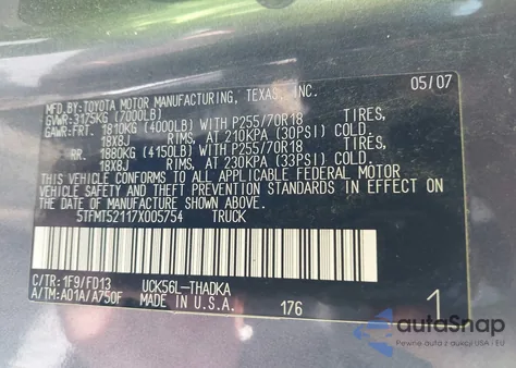 2007 Toyota Tundra Base 4.7L V8 из США, поврежденный, VIN 5TFMT52117X005754